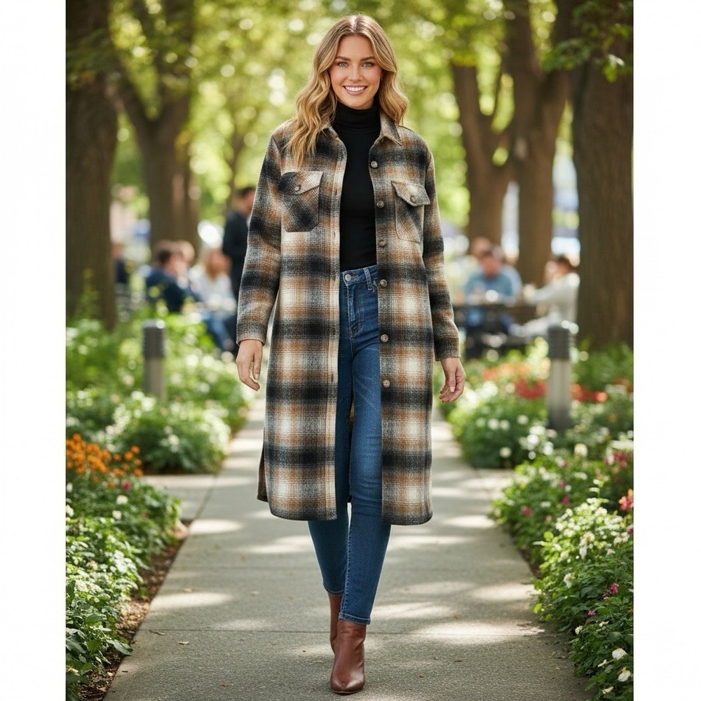 Talula Women's S Button‎ Flannel Duster Jacket Brown Plaid EUC